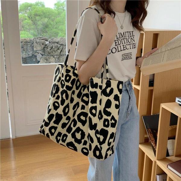 Durable Cream Leopard Print Large Canvas Bag