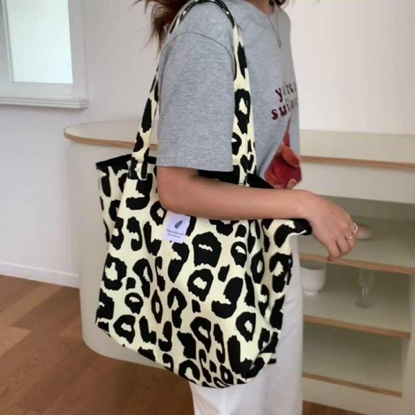 Durable Cream Leopard Print Large Canvas Bag