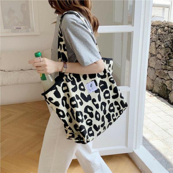 Durable Cream Leopard Print Large Canvas Bag