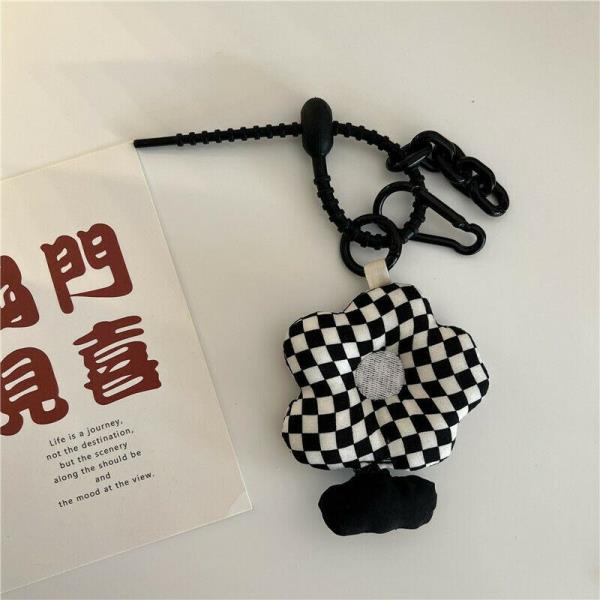 Fashion Grid Plush Flower Knot Keyring Handbag Accessory