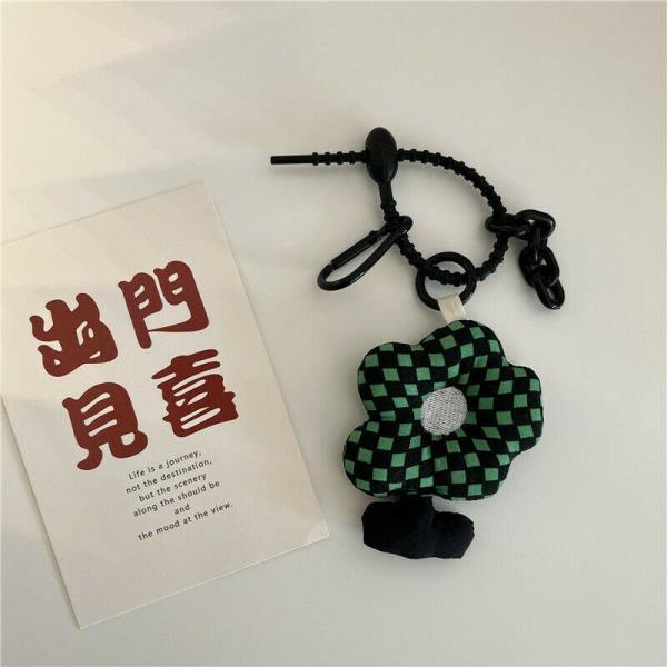 Fashion Grid Plush Flower Knot Keyring Handbag Accessory