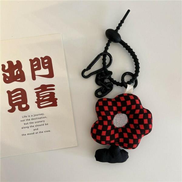 Fashion Grid Plush Flower Knot Keyring Handbag Accessory