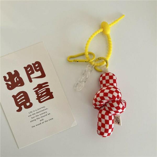 Fashion Grid Plush Flower Knot Keyring Handbag Accessory