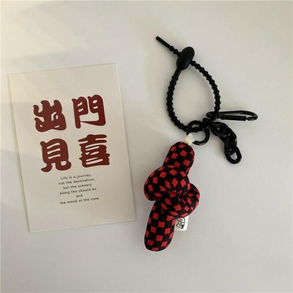 Fashion Grid Plush Flower Knot Keyring Handbag Accessory