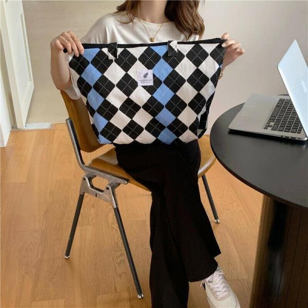 Blue Checkerboard Canvas Tote Bag