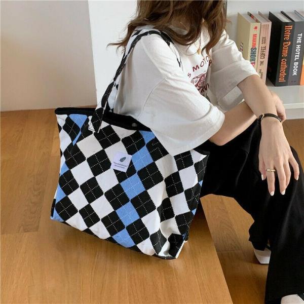 Blue Checkerboard Canvas Tote Bag