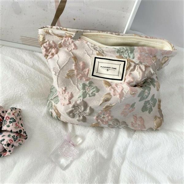 Elegant French 3D Embroidery Flower Cosmetic Bag