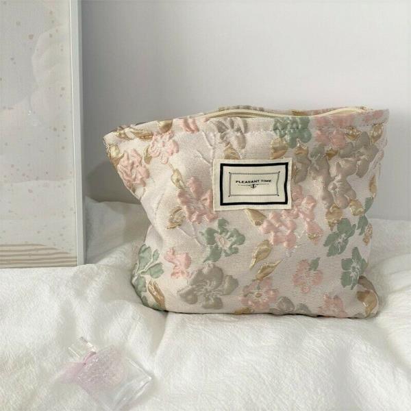 Elegant French 3D Embroidery Flower Cosmetic Bag