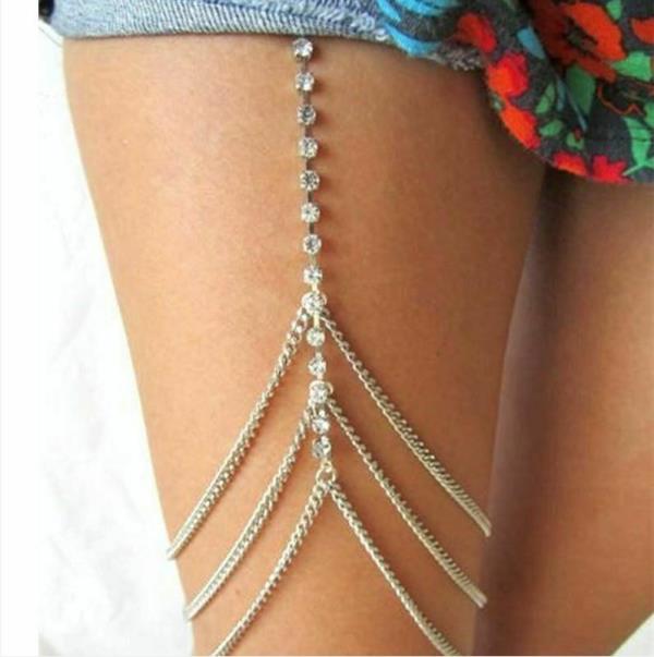 Glitter Silver Crystal Wide Multi Row Thigh Chain