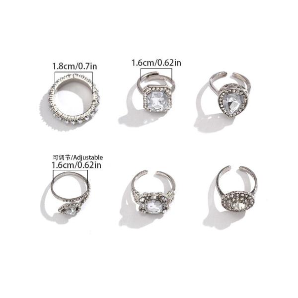 6 Pcs Full Crystal Waterdrop Geometric Ring Set