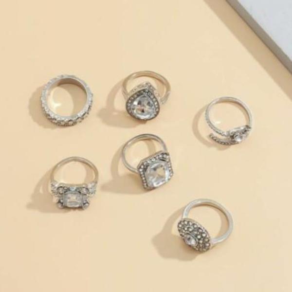 6 Pcs Full Crystal Waterdrop Geometric Ring Set