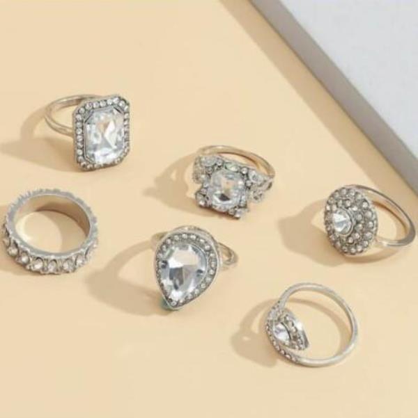 6 Pcs Full Crystal Waterdrop Geometric Ring Set