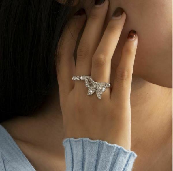 Silver Full Crystal Butterfly Simple Circle Ring Set