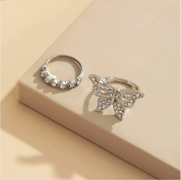 Silver Full Crystal Butterfly Simple Circle Ring Set