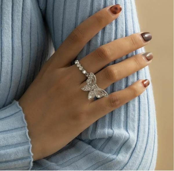 Silver Full Crystal Butterfly Simple Circle Ring Set