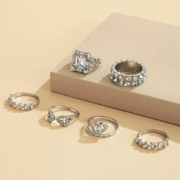 6 Pcs Full Crystal Circle Geometric Ring Set