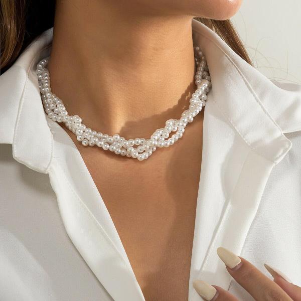 White Imitation Pearl Twist Woven Clavicle Necklace