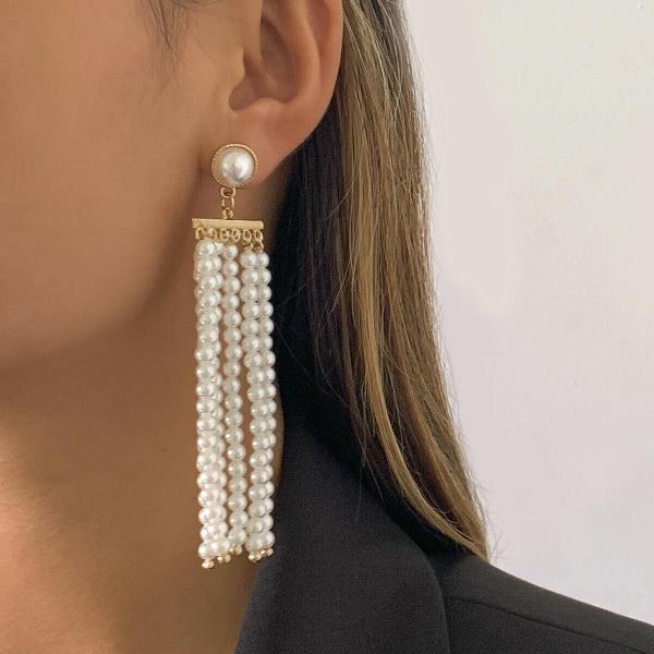 White Pearl Tassel Long Drop Dangle Earrings