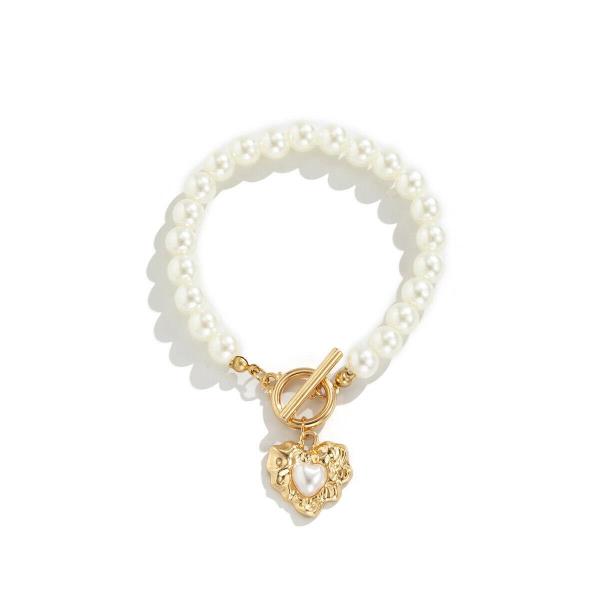 Retro Vintage White Pearl Gold Heart Wrist Bracelet