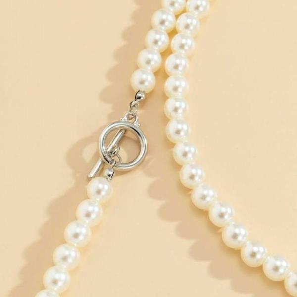 Retro Vintage Long White Pearl OT Locker Pendant Necklace