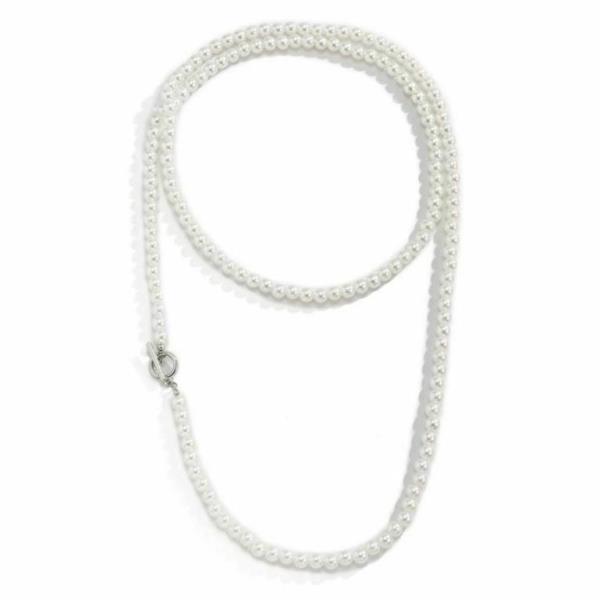 Retro Vintage Long White Pearl OT Locker Pendant Necklace