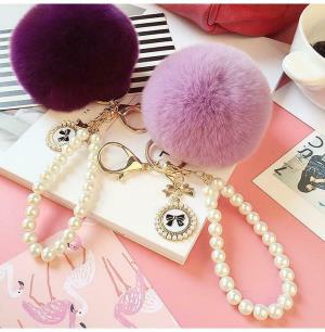 White Pearl Fluffy Fur Pendant Dangle Tassel Keychain