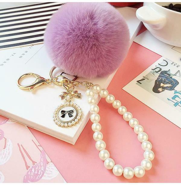 White Pearl Fluffy Fur Pendant Dangle Tassel Keychain