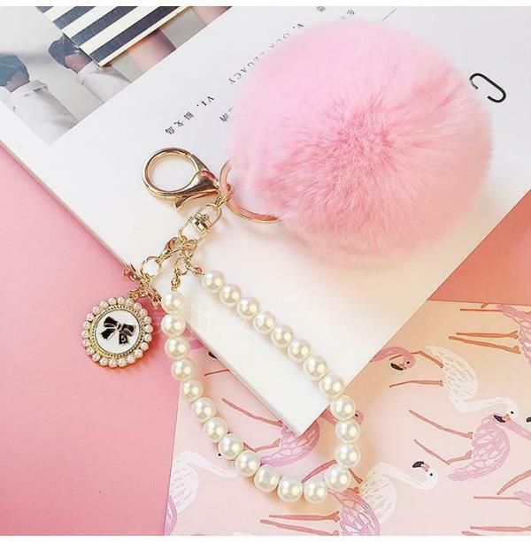 White Pearl Fluffy Fur Pendant Dangle Tassel Keychain