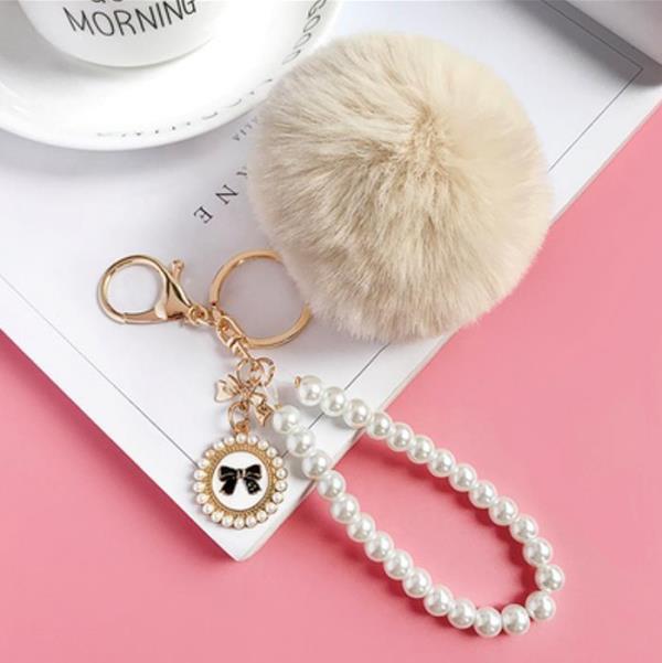 White Pearl Fluffy Fur Pendant Dangle Tassel Keychain