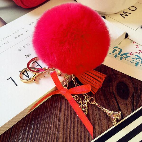 Fashion Fluffy Fur Metal Tower Ball Drop Dangle Keyring