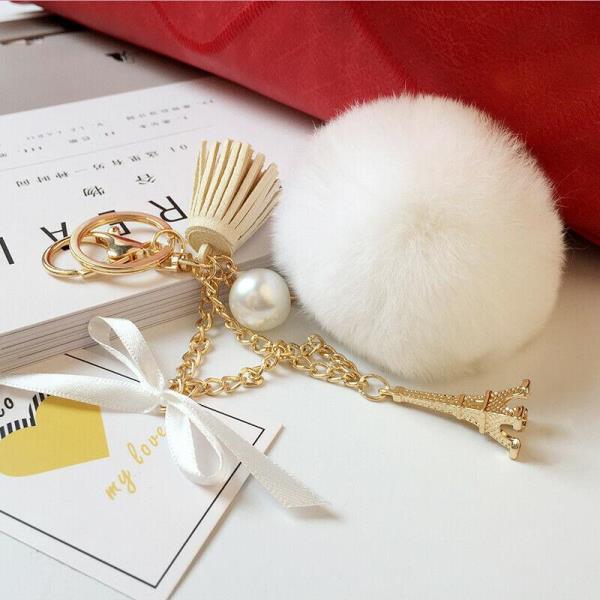 Fashion Fluffy Fur Metal Tower Ball Drop Dangle Keyring