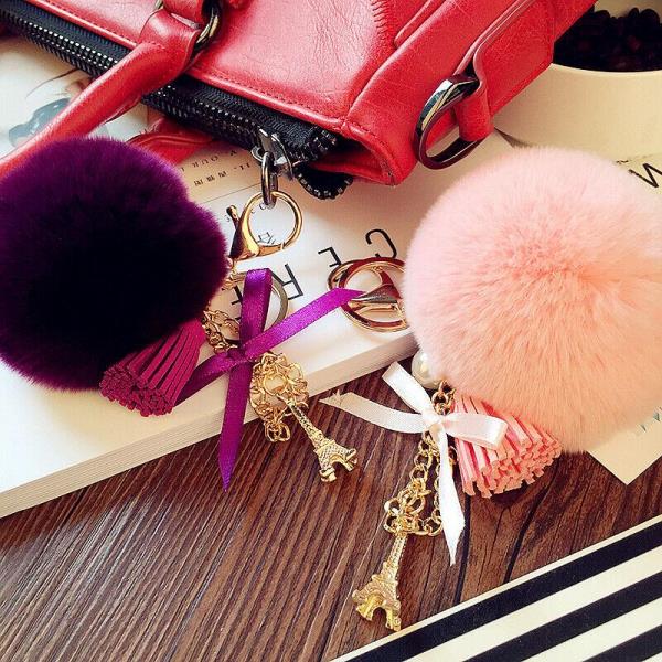 Fashion Fluffy Fur Metal Tower Ball Drop Dangle Keyring