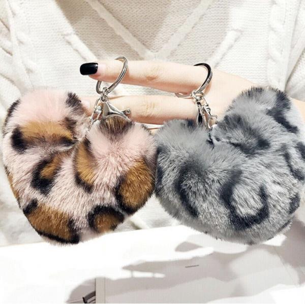 Leopard Print Fluffy Fur Heart Keychains