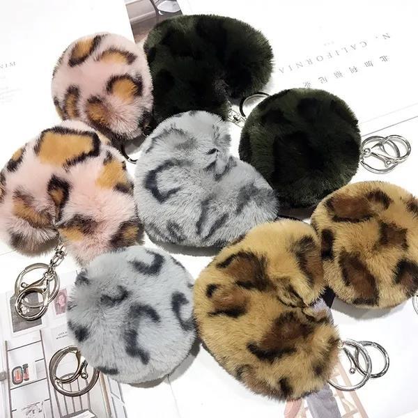 Leopard Print Fluffy Fur Heart Keychains