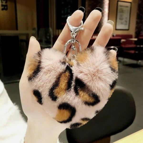 Leopard Print Fluffy Fur Heart Keychains