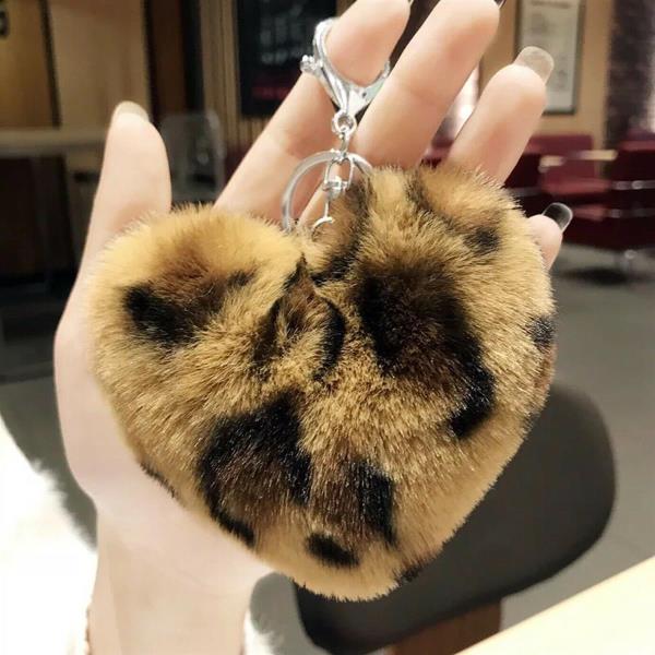 Leopard Print Fluffy Fur Heart Keychains