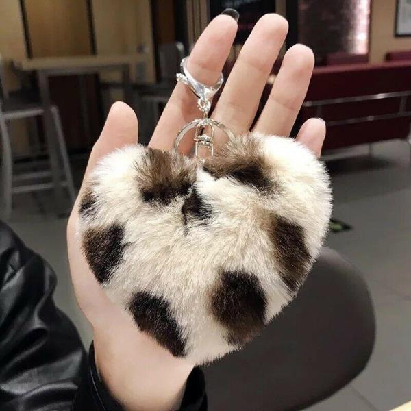 Leopard Print Fluffy Fur Heart Keychains