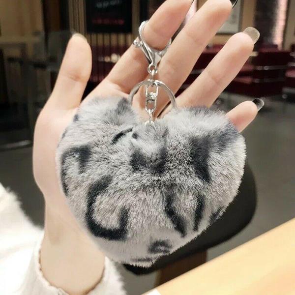 Leopard Print Fluffy Fur Heart Keychains