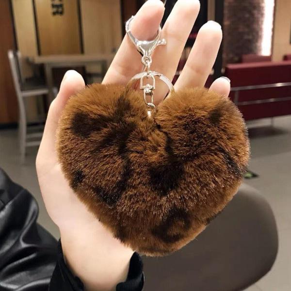 Leopard Print Fluffy Fur Heart Keychains