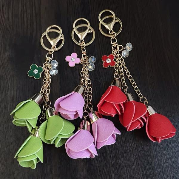 Faux Leather Flower Tassel Keychain