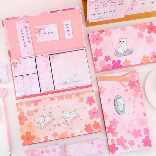 Pink Cherry Blossom Sakura Cat Sticky Notes