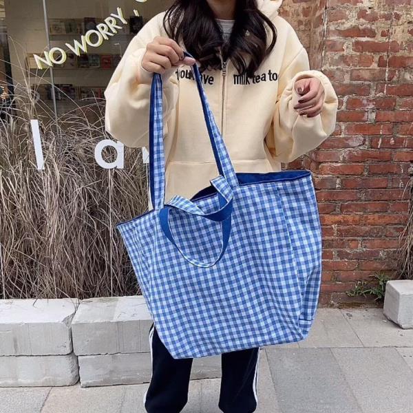 Double Sided Plaid Large Cotton Large Tote