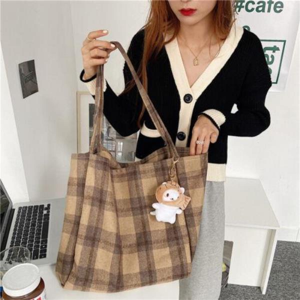 Retro Vintage Fashion Woolen Plaid Large Tote