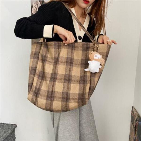 Retro Vintage Fashion Woolen Plaid Large Tote