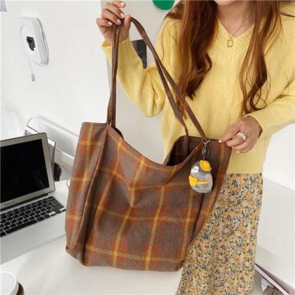 Retro Vintage Fashion Woolen Plaid Large Tote