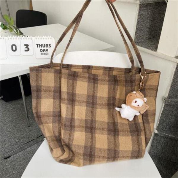 Retro Vintage Fashion Woolen Plaid Large Tote