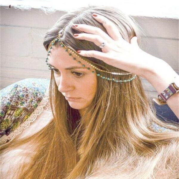 Bohemian Blue Turquoise Tassel Hair Chain Headband