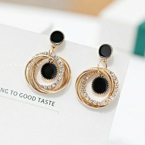 Black Rhinestone Circle Drop Earrings