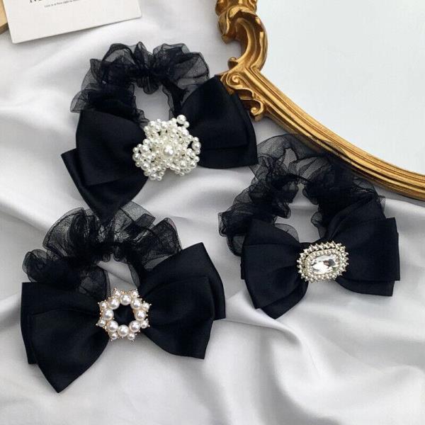 Black Lace Bow Pearl High Elastic Hair Tie