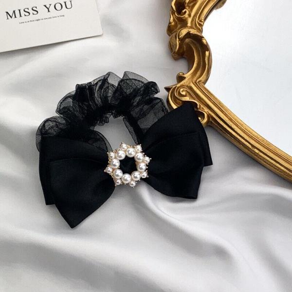 Black Lace Bow Pearl High Elastic Hair Tie